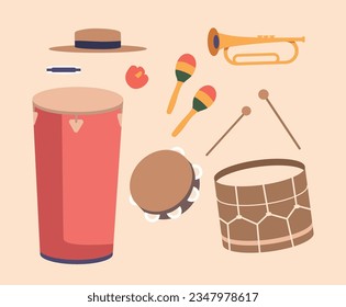 Juego De Iconos De Música Latina. Sombrero, Tambor Con Palas, Armonía Y Tambourina Con Maracas Y Trucha. Elementos aislados