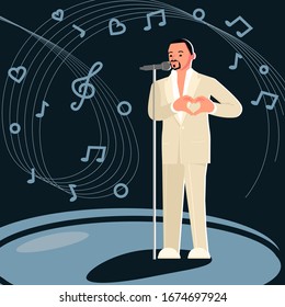 Latino music male artist. Man singer singing into a microphone. Retro poster performance. Flat Art Vector Illustration
