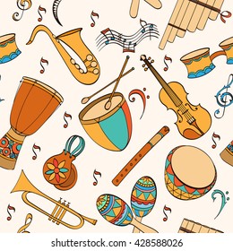 Latino musical pattern. Pattern of latino musical instruments. Latino background can be used as invitation card for wedding, birthday and other holiday and summer background. Vector illustration.