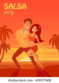 Latino party affiche. Salsa latino dancer on beach vector illustration. Cuban couple of happy woman and man. Poster for festival dates. Social salseros flat style