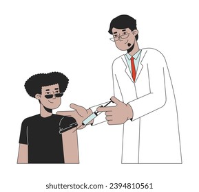 Latino student immunization male doctor 2D linear cartoon characters. Hispanic boy getting flu shot isolated line vector people white background. Vaccine inoculation color flat spot illustration