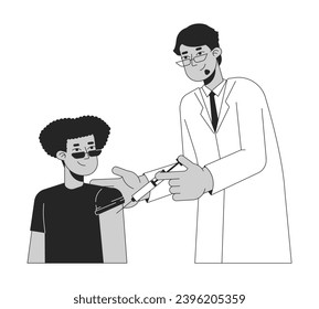 Inmunización de estudiantes latinos doctores hombres de dibujos animados en 2D en blanco y negro. Un niño hispano que tiene gripe se balea aislado en el contorno vectorial de la gente. Inoculación monocromática de la ilustración plana