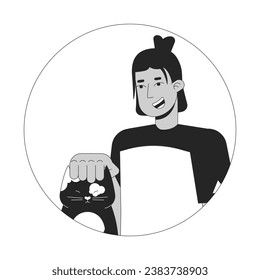 Latino teenager cat head scratching black and white 2D vector avatar illustration. Animal shelter volunteer young outline cartoon character face isolated. Kitten being petted flat user profile image