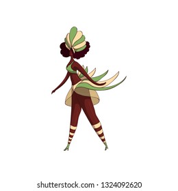 Latino woman in dancing action. Samba dancer. Girl in bikini and headdress with feathers. Brazil festival. Vector design