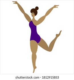 Latino woman dancing. Body positive. Vector illustration. Isolated white background. Ballerina in a lilac leotard. Long legged model. Flat style. Lady with a bun on her head. Graceful performer.