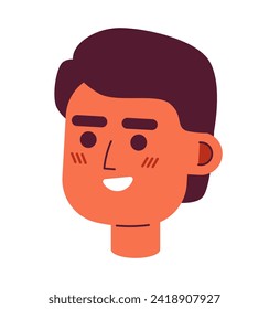 Latino young man beaming toothy 2D vector avatar illustration. Hispanic ethnicity male cartoon character face portrait. Casual smiling flat color user profile image isolated on white background
