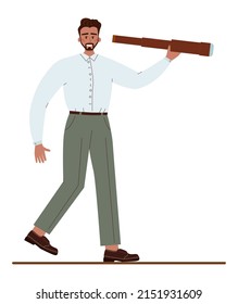 Latino-american businessman holding a telescope. Characters wearing business casual clothing searching for new perspective and opportunity. Flat vector illustration