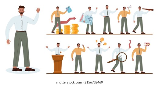 Empresario latinoamericano. Personajes con ropa de negocios casual en diferentes poses y actividades diferentes. Desarrollo empresarial. Ilustración vectorial plana