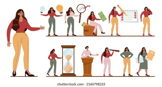 Latino-american businesswoman set. Characters wearing business casual clothing in different poses and doing different activities. Business development. Flat vector illustration