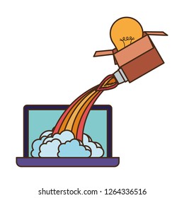 latop screen and box with bulbs rocket