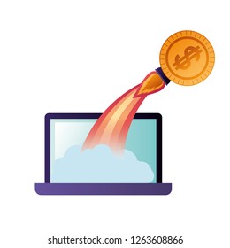 latop screen and coin with rocket isolated icon