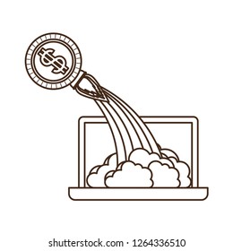 latop screen and coin with rocket isolated icon
