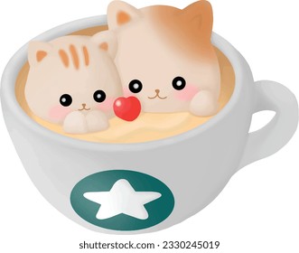 Latte Art 3D. milk foam top on the cup of hot chocolate, Cute Kawai cat in cup of froth art coffee.