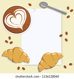 Latte art and blank sheet. Coffee, croissants, coffee beans and spoon. Place for text. Vector illustration
