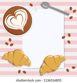 Latte art and blank sheet. Coffee, croissants, coffee beans and spoon. Place for text. Vector illustration
