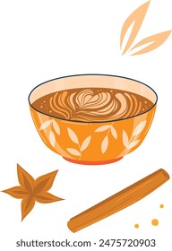 Latte art cinnamon star anise isolated white background. Orange bowl latte leaf pattern swirl design. Coffee spice decoration vector illustration