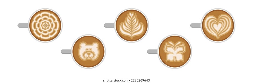 Latte Art with Coffee Cup with Milk Foam Drawing Vector Set