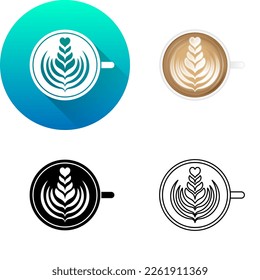 Latte Art Coffee Cup Top View Beverage Icon Set of Flat Long Shadow, Color, Black-White Silhouette, Line Art Logo Symbol Isolated on White Background