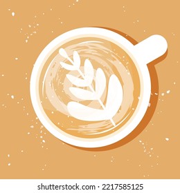 Latte art coffee cup vector illustration with vintage texture. Hand drawn flat cartoon style