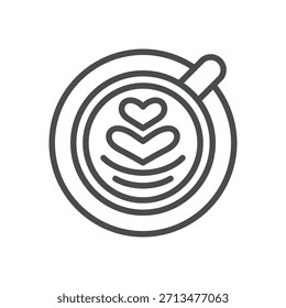 Latte Art Kaffee-Symbol. Dünne Linie Illustration eines Bechers mit herzförmigem Schaumdesign, Symbol für Barista Handwerk, Spezialität Espresso Getränk und gemütliche Cafe Kultur. Isolierte Vektorgrafik-Umrissanzeige.
