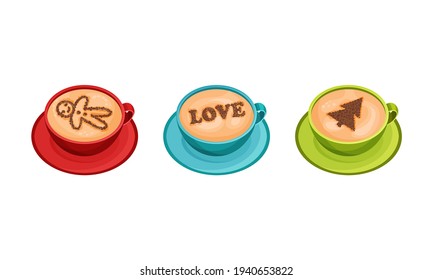 Latte Art as Coffee Preparation with Design on the Surface Vector Set