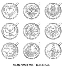 Latte art collection. Cups of coffee with foam pattern top view isolated on a white background. Vector illustration