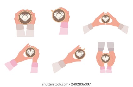 Latte art. Collection of hands with a cup of coffee with a heart, top view. Modern flat vector illustration isolated on white background