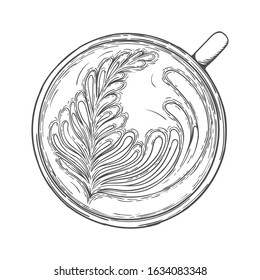 Latte art. Cup of coffee with foam pattern top view isolated on a white background. Vector illustration