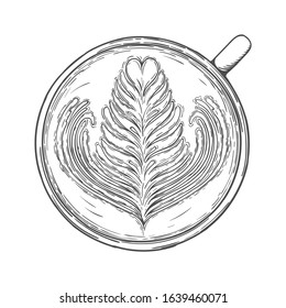 Latte art. Cup of coffee with foam pattern top view isolated on a white background. Vector illustration