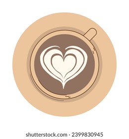 Latte art. A cup of coffee with a heart, top view. Modern flat vector illustration isolated on white background