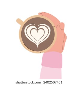 Latte art. Hand with a cup of coffee with a heart, top view. Modern flat vector illustration isolated on white background
