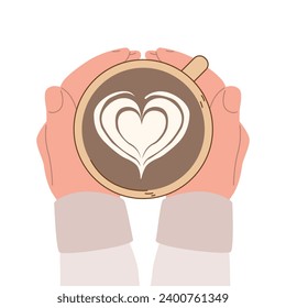 Latte art. hands with a cup of coffee with a heart, top view. Modern flat vector illustration isolated on white background