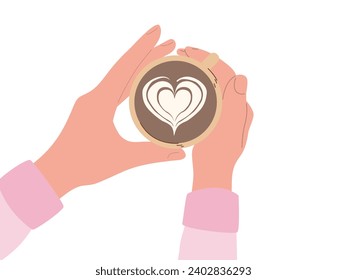 Latte art. Hands with a cup of coffee with a heart, top view. Modern flat vector illustration isolated on white background