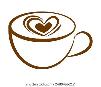 Latte art illustration. Cappuccino icon. Hot coffee symbol. Heart shape milk art. Coffee logo.