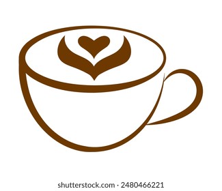 Latte art illustration. Cappuccino icon. Hot coffee symbol. Rosetta with heart milk art. Coffee logo.