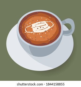 Latte art on cappuccino with cinnamon. Drawing of a medical mask, made of milk foam on a coffee.  Vector art for cafe and coffee shop about individual safety rules during quarantine 
