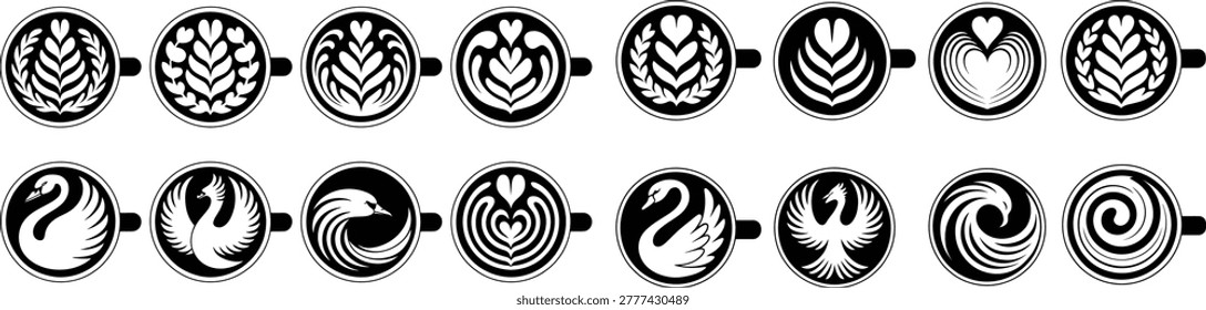 Latte art patterns in coffee cups vector icons set for barista designs with hot drink beverage abstract decoration creative craftsmanship espresso breakfast
