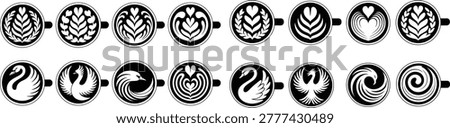 Latte art patterns in coffee cups vector icons set for barista designs with hot drink beverage abstract decoration creative craftsmanship espresso breakfast