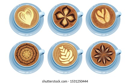 Latte Art. Top View Coffee Foam Drawing Vector Illustration Collection