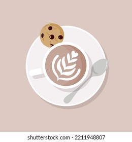 Latte art top view. Cup of coffee with milk on a plate with teaspoon and chocolate cookie. Vector illustration, flat design