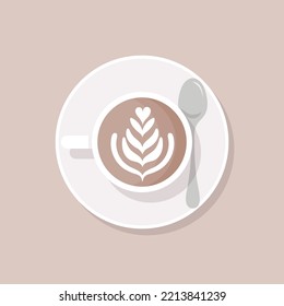 Latte Art Draufsicht. Tasse Kaffee mit Milch auf Teller und Teelöffel. Vektorgrafik, flaches Design