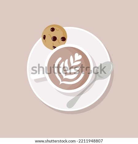 Latte art top view. Cup of coffee with milk on a plate with teaspoon and chocolate cookie. Vector illustration, flat design
