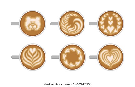 Latte Art Top Viewed Vector Set. Coffee Design Concept