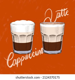 Latte and cappuccino in glasses to see the difference in amount of milk, foam and espresso in hand drawn vector illustration.