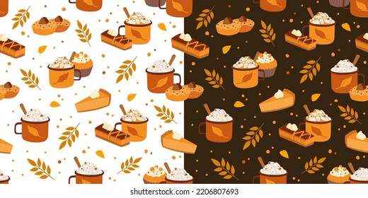 Piel de latte, capuchino y calabaza plana sin costura. Ilustración vectorial de la bebida otoñal y el bizcocho. Papel de envolvimiento, diseño de tela