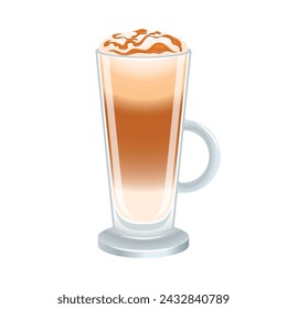 Latte with caramel syrup vector illustration. Latte with froth milk icon vector isolated on a white background. Coffee in a tall glass with a handle graphic design element