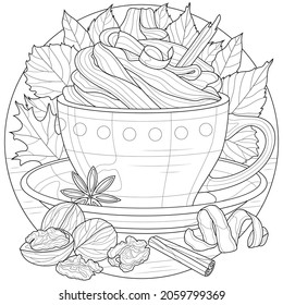 Latte with cinnamon, nuts and autumn leaves. Hot drink.Coloring book antistress for children and adults. Illustration isolated on white background.Black and white drawing.Zen-tangle style.
