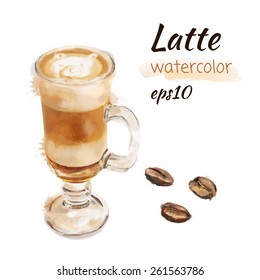 Latte And Coffee Beans. Watercolor Vector Illustration Eps 10.