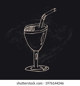 Latte, coffee in a beautiful glass. Coffee doodles, rough drawn simple sketches. Menu for a coffee shop. Vector drawing in dark colors.
