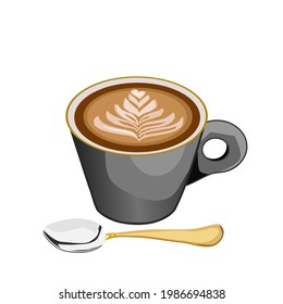 Latte coffee in black ceramic cup and stainless steel coffee spoon with gold handle.Isolated vector illustration on a white background.